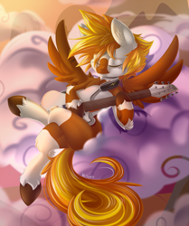 Size: 2261x2700 | Tagged: safe, artist:knifeh, oc, oc only, oc:khaos sparkz, pegasus, pony, equine, guitar, my little pony, pinto, relaxed, solo