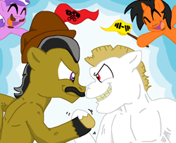 Size: 3232x2624 | Tagged: safe, artist:jamesalpha, artist:tagman007, bulk biceps, screwball, oc, oc:overhaul, earth pony, pegasus, pony, arm wrestling, babscon, background pony, dustykatt, male, ponified, ponysona, stallion, unshorn fetlocks