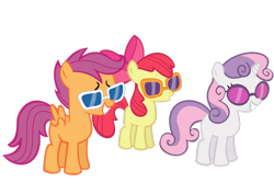 Size: 1024x724 | Tagged: safe, artist:roxy-cream, apple bloom, scootaloo, sweetie belle, for whom the sweetie belle toils, cutie mark crusaders, sunglasses