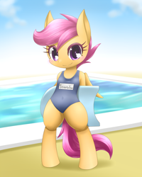 Size: 560x700 | Tagged: safe, artist:hashioaryut, scootaloo, bipedal, clothes, cute, cutealoo, floatation device, one-piece swimsuit, pixiv, school swimsuit, solo, swimming pool, swimsuit