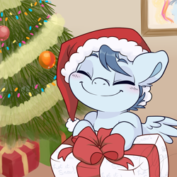 Size: 1280x1280 | Tagged: safe, artist:inkie-heart, oc, oc only, oc:silver span, babscon, babscon mascots, christmas, colt, cute, happy, hat, male, present, santa hat, smiling