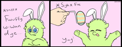 Size: 1853x709 | Tagged: safe, artist:fillialcacophony, fluffy pony, 2 panel comic, bait and switch, bunny ears, comic, crying, easter, easter egg, hugbox, pun