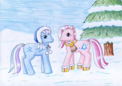 Size: 1024x724 | Tagged: safe, artist:normaleeinsane, g3, boots, clothes, mittens, scarf, snow, snowflake (g3), traditional art, tree