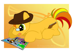 Size: 1016x731 | Tagged: safe, artist:immortaltanuki, atop the fourth wall, comic book, hat, linkara, ponified, solo