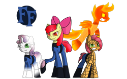 Size: 1600x1000 | Tagged: safe, artist:mechashockwave, apple bloom, babs seed, scootaloo, sweetie belle, crossover, cutie mark crusaders, fantastic four, human torch, invisible woman, marvel, mr. fantastic, the thing