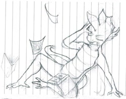 Size: 1109x863 | Tagged: safe, artist:ponescribbles, spike, dragon, draw me like one of your french girls, falling, lined paper, monochrome, older, older spike, teenaged dragon, traditional art