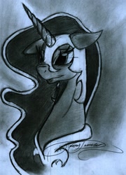 Size: 1469x2042 | Tagged: safe, artist:digitaldomain123, nightmare moon, blushing, doodle, floppy ears, monochrome, nightmare luna, sketch, smiling, solo, traditional art