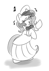 Size: 1189x1695 | Tagged: safe, artist:wizardski, oc, oc only, oc:milky way, pony, bowtie, clothes, dancing, female, mare, monochrome, solo, uniform