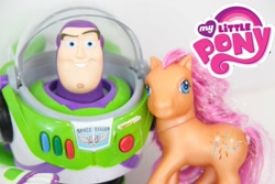 Size: 1600x1067 | Tagged: safe, sparkleworks, g3, buzz lightyear, crossover, irl, photo, toy, toy story, youtube link