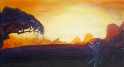 Size: 2483x1350 | Tagged: safe, artist:tridgeon, read it and weep, flower, mountain, oil painting, palm tree, scenery, sunset, traditional art, tree