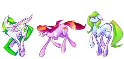 Size: 1024x489 | Tagged: dead source, safe, artist:juvialle, oc, oc only, oc:cataclysm rose, oc:emerald thunder, oc:soulgreen, running, simple background, transparent background, unshorn fetlocks