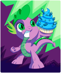 Size: 476x565 | Tagged: safe, artist:affinityshy, spike, dragon, cupcake, food, gem, sapphire, sapphire cupcake, smiling, solo, spike day