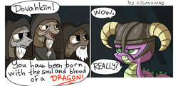 Size: 1540x750 | Tagged: safe, artist:sigmanas, spike, dragon, 2 panel comic, captain obvious, comic, crossover, dialogue, dovahkiin, greybeards, ponified, skyrim, speech bubble, spike is not amused, the elder scrolls, unamused