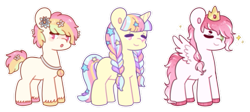 Size: 549x246 | Tagged: safe, artist:oniponii, oc, oc only, oc:floating flower, oc:prince charming, earth pony, pegasus, pony, unicorn, adoptable