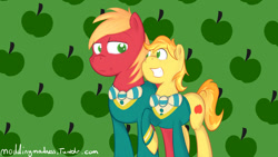 Size: 1280x720 | Tagged: safe, artist:modding madness, big macintosh, braeburn, earth pony, pony, bowtie, clothes, cute, excited, eye contact, grin, male, ponytones, ponytones outfit, raised hoof, smiling, stallion