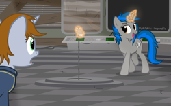 Size: 4000x2500 | Tagged: safe, artist:mrlolcats17, oc, oc only, oc:homage, oc:littlepip, pony, unicorn, fallout equestria, clothes, cutie mark, duo, fanfic, fanfic art, female, glowing horn, hooves, horn, magic, mare, microphone, open mouth, tenpony tower, vault suit, voice change, voice change spell