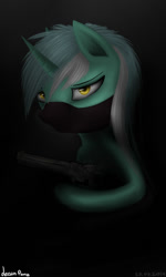 Size: 425x709 | Tagged: safe, artist:1deathpony1, lyra heartstrings, pony, unicorn, evil eyes, gun, handgun, mask, narrowed eyes, revolver, solo, this will end in death