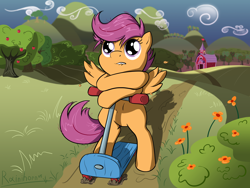 Size: 3264x2448 | Tagged: safe, artist:rainihorn, scootaloo, belly button, lip bite, scooter, solo, sweet apple acres