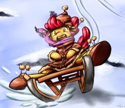 Size: 2200x1900 | Tagged: safe, artist:benjik, apple bloom, clothes, coat, sled, snow, solo