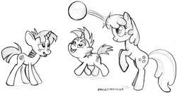 Size: 1151x609 | Tagged: safe, artist:endlessnostalgia, cheerilee, snails, snips, ball, monochrome, sketch