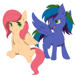 Size: 1024x1042 | Tagged: dead source, safe, artist:littaly, oc, oc only, oc:stormy nights, oc:sunny days, pegasus, pony, offspring, parent:big macintosh, parent:fluttershy, parent:rainbow dash, parent:soarin', parents:fluttermac, parents:soarindash, simple background, transparent background