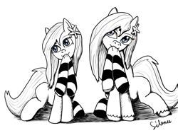 Size: 1063x800 | Tagged: safe, artist:silence, oc, oc only, pony, black and white, clothes, female, femboy, hair ornament, male, mare, monochrome, mouth hold, simple background, sitting, socks, trap, white background