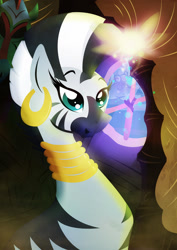 Size: 1358x1920 | Tagged: safe, artist:rariedash, zecora, zebra, female, lineless, mare, solo, window, zecora's hut