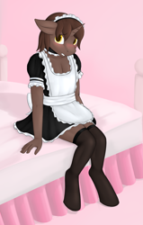 Size: 1783x2809 | Tagged: safe, artist:daf, oc, oc only, oc:regal masquerade, anthro, unicorn, bed, blushing, clothes, crossdressing, dress, embarrassed, maid, male, solo, stockings, transgender