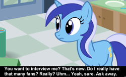 Size: 1600x973 | Tagged: safe, minuette, pony, unicorn, comic:celestia's servant interview, caption, cs captions, female, interview, mare, solo