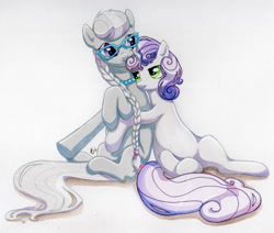 Size: 1200x1017 | Tagged: safe, artist:mommashy, silver spoon, sweetie belle, female, lesbian, shipping, silverbelle, traditional art