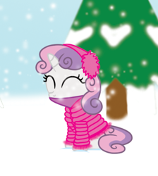 Size: 482x539 | Tagged: safe, artist:lifesharbinger, sweetie belle, clothes, coat, cute, diasweetes, earmuffs, scarf, snow, snowfall, solo, tree, winter outfit