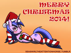 Size: 800x600 | Tagged: safe, artist:peichenphilip, sea swirl, seafoam, christmas, clothes, hat, juice box, santa hat, sea swirl the attention horse, socks, striped socks, tumblr