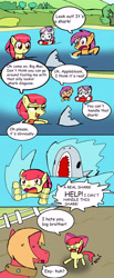 Size: 3097x7548 | Tagged: safe, artist:helsaabi, apple bloom, big macintosh, scootaloo, sweetie belle, earth pony, pony, shark, comic, cutie mark crusaders, floaty, lake, male, stallion, swimming, water wings, wet mane