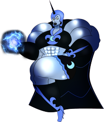 Size: 1169x1375 | Tagged: safe, artist:mrpr1993, nightmare moon, human, abs, clothes, female, fetish, glowing hands, humanized, magic, midriff, muscle fetish, muscles, my muscle pony, nightmare muscle moon, overdeveloped muscles, simple background, solo, transparent background