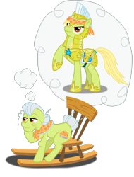 Size: 1908x2510 | Tagged: safe, artist:silentbutbeardly, granny smith, earth pony, pony, armor, female, helmet, hoof shoes, mare, rocking chair, royal guard, royal guard armor, sitting, solo, thought bubble, young granny smith, younger