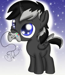 Size: 636x728 | Tagged: safe, artist:paris francis, oc, oc only, oc:dusk shadow, alicorn, pony, alicorn oc, baby, baby pony, blank flank, controller, foal, solo