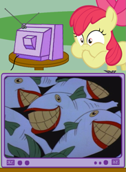 Size: 563x771 | Tagged: safe, apple bloom, batman, batman the animated series, exploitable meme, gagging, joker fish, meme, obligatory pony, smiling, the joker, the laughing fish, tv meme