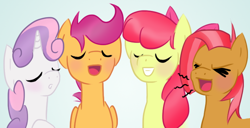 Size: 734x377 | Tagged: safe, artist:howlsinthedistance, apple bloom, babs seed, scootaloo, sweetie belle