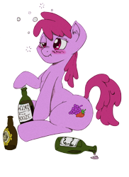 Size: 2142x2946 | Tagged: safe, artist:mac-smith, artist:titi, berry punch, berryshine, earth pony, pony, alcohol, blushing, drunk, drunk bubbles, ear fluff, female, mare, nose wrinkle, simple background, sitting, solo, tipsy, transparent background