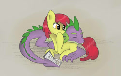 Size: 1000x622 | Tagged: dead source, safe, artist:irigulus, apple bloom, spike, dragon, book, female, male, missing accessory, older, shipping, spikebloom, straight