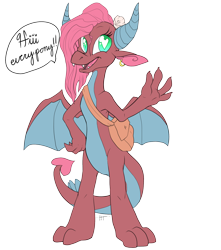 Size: 1500x1700 | Tagged: safe, artist:hellticket, idw, mina, dragon, spoiler:comic, spoiler:comicff14, ask-mina, bag, claws, dragon wings, dragoness, ear piercing, fangs, female, heart eyes, horns, messenger bag, open mouth, piercing, simple background, solo, speech bubble, spread wings, transparent background, wingding eyes, wings