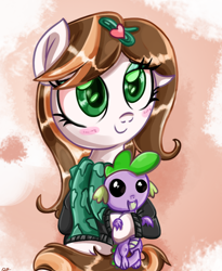 Size: 900x1099 | Tagged: safe, artist:daniel-sg, spike, oc, oc:aurora chiaro, dragon, clothes, plushie, spike plushie, sweater