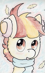 Size: 736x1176 | Tagged: safe, artist:slightlyshade, featherweight, pegasus, pony, blushing, clothes, scarf, solo, traditional art