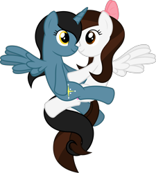 Size: 6400x7118 | Tagged: safe, artist:parclytaxel, oc, oc only, oc:starlight bridge, oc:suskewiet, alicorn, pegasus, pony, .svg available, absurd resolution, alicorn oc, are you frustrated?, bellyrubs, eye contact, female, flying, knot, lesbian, ribbon, simple background, transparent background, vector