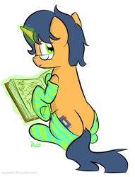 Size: 1011x1321 | Tagged: safe, artist:wuzzlefluff, oc, oc only, oc:tall tale, pony, unicorn, book, clothes, socks, solo, striped socks