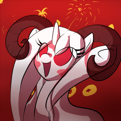 Size: 900x901 | Tagged: safe, artist:celerypony, oc, oc only, oc:celery, sheep, blushing, cheering, cute, happy, horns, lunar new year, open mouth, smiling, solo, underhoof, year of the sheep