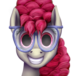 Size: 3000x3000 | Tagged: safe, artist:xormak, twist, earth pony, pony, creepy, creepy ponies, female, glasses, grin, nightmare fuel, overly attached girlfriend, painted, realistic, solo, waifu material, who needs sleep anyway