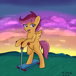 Size: 800x800 | Tagged: safe, artist:ailynd, scootaloo, confident, scooter, sunset