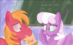 Size: 1024x640 | Tagged: safe, artist:rdksi, big macintosh, cheerilee, earth pony, pony, chalkboard, cheerimac, crying, drawing, male, portuguese, shipping, stallion, straight