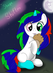 Size: 1700x2338 | Tagged: safe, artist:8darknesss8, oc, oc only, oc:shape shifter, pony, unicorn, blank flank, heterochromia, milkshake, night, request, solo